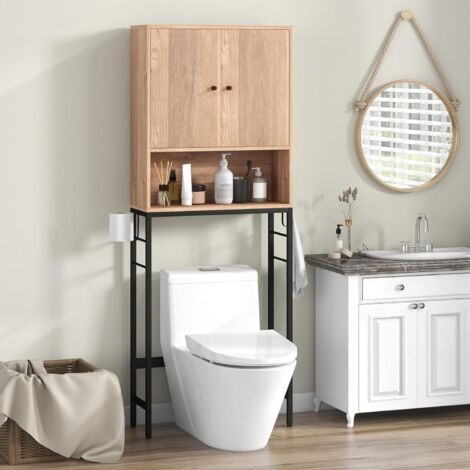 GOPLUS Meuble WC Au-Dessus des Toilettes, Meuble de Salle De Bain avec Armoire à Double Porte, Compartiment Ouvert, Etagère Réglable, Barre Inférieure, pour Buanderie, 63x23x165,5cm (Naturel)