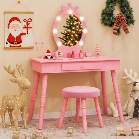 GOPLUS Coiffeuse Enfant Fille avec Miroir et Tabouret, Lumières LED 3 Couleurs, 2 en 1 Bureau Enfant avec Rangement, Table de Maquillage avec Accessoires de Beauté (Rose)