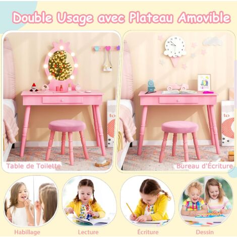Coiffeuse Enfant Avec Miroir Et Tabouret - Pour Filles, Thème Princesse - À Monter