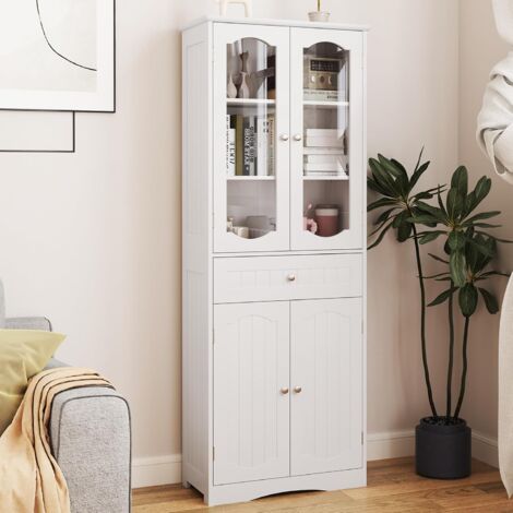 Goplus – Armoire murale de salle de bain 60x30x160 cm – 2 portes en verre trempé – 1 grand tiroir – Étagères réglables – Système anti-basculement (1/5)