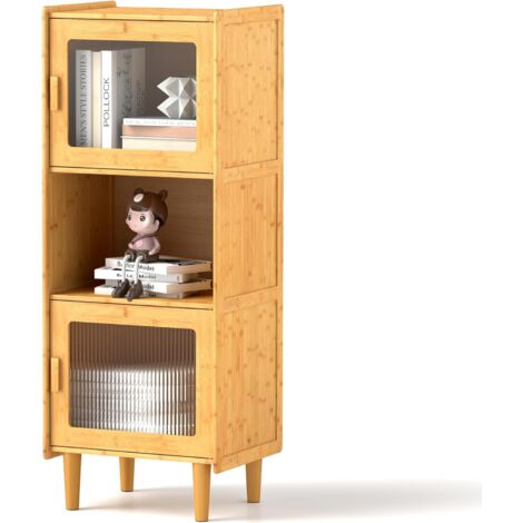 GOPLUS Bibliothèque Etroite à 3 Niveaux 49,5x40x130CM avec 2 Cubes à Porte et 1 Compartiment Ouvert-Charge Totale 120 KG,Naturel (1/5)