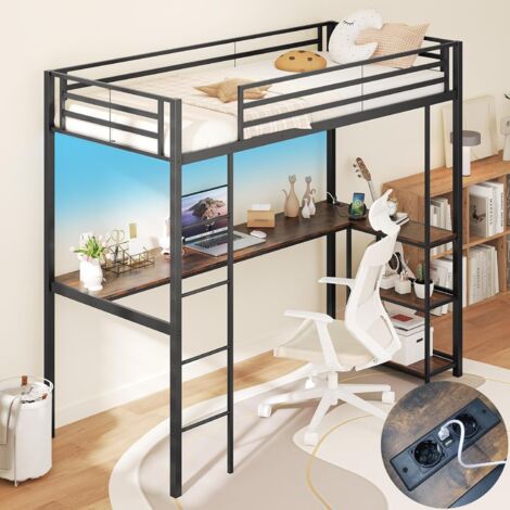 GOPLUS Lit Mezzanine en Métal avec Échelle-200×90CM,avec Station de Charge,Lumières Ambiance et Bureau d'Angle L 3 Étagères,Noir (1/5)