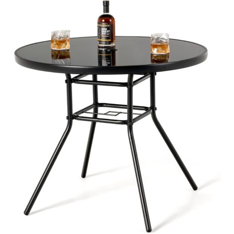 GOPLUS Table de Jardin Ronde 86 CM, Table d' Extérieure avec Trou pour Parasol, Table à Manger en Verre Trempé avec Cadre en Métal, Table de Bistro pour Patio, Terrasse, Bord de Piscine (1/5)