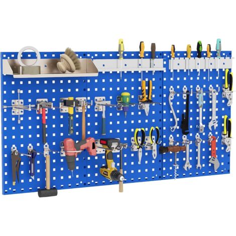 GOPLUS Porte outils Mural en Métal à Trous Carrés, 3 Panneaux Perforés Muraux avec 25 Crochets, Support pour Forets, Support pour Tournevis, Plateforme de Rangement, pour Garage, Atelier (Bleu) (1/5)