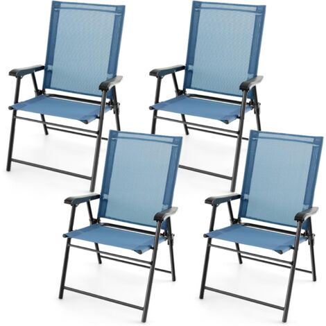 GOPLUS Lot de 4 Chaises de Jardin Pliantes, avec Accoudoirs, Tissu Respirant & Cadre Métallique Solide, Chaises Portatives Légères à Dossier en Toile pour Jardin, Terrasse, Patio (Bleu)