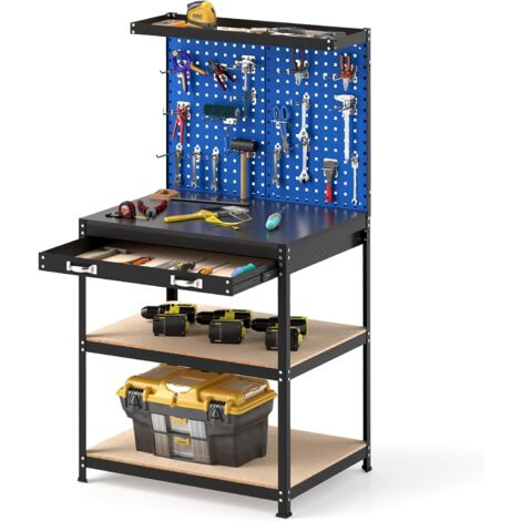 GOPLUS Établi Atelier Garage avec Panneau Perforé, Table de Travail avec 20 Crochets à Outils, Tiroir et Etagères Ouvertes, Station de Travail Robuste de 225 kg pour Garage, Atelier, Entrepôt (Bleu) (1/5)