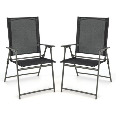 GOPLUS Ensemble de 2 Chaises de Jardin en Textilène avec Cadre Métallique, Chaises Pliantes avec Dossier Haut & Accoudoirs, Chaise de Camping, Convient pour Jardin, Terrasse et Balcon, Noir (2)