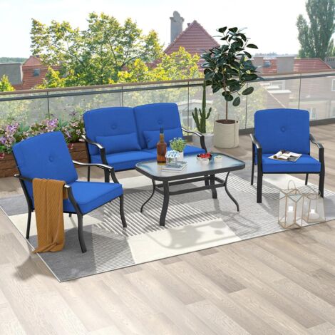 Goplus – Ensemble de jardin 4 pièces en métal – 1 canapé 2 places, 2 chaises, table basse en verre trempé – Coussins inclus – Bleu - tal-1 (1/5)
