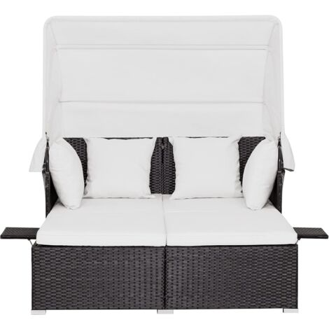 GOPLUS Lit de Jour en Rotin Extérieur avec Auvent Rétractable, Coussin et Oreiller Lavables, Plateaux Latéraux Pliables, Mobilier en Rotin pour Tous Les Temps, Ensemble de Canapé Extérieur