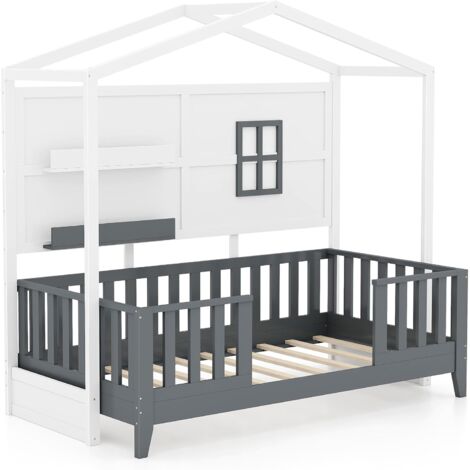 Lit Cabane Enfant GOPLUS 141x72 Cm - Cadre Maison En Bois Sapin, Ciel De Lit, Charge 100kg, Pour 1 à 7 Ans