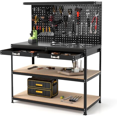 GOPLUS Établi à Outils avec Panneau Perforé,Tiroirs,Étagères,23 Crochets,Porte-Tournevis,Charge 230KG-121x61x156CM,Noir (1/5)