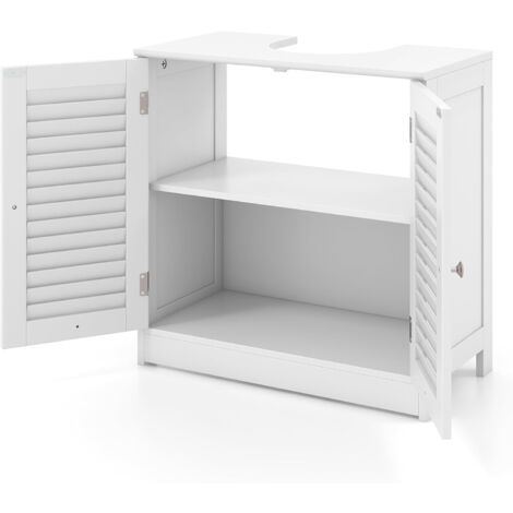 GOPLUS Meuble Salle de Bain sous Lavabo, Portes à Persiennes & 2 Compartiments, Meuble sous lavabo Salle de Bain avec Découpe en U 24X20cm, pour Rangement Salle de Bain, 60x30x60cm, Blanc (1/5)
