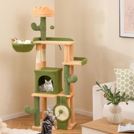 GOPLUS Arbre à Chat Cactus Haut 160cm, 5 Niveaux avec Perchoir, Hamac, Nid, Plateformes et Griffoirs en Sisal, Arbre a Chat avec 2 Boules Suspendues, Vert et Orange (1/5)