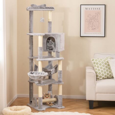 GOPLUS Arbre à Chat 176cm Multi-Niveaux, Poteaux à Griffer en Sisal, Plateforme Supérieure, Cachette Privée, Hamac, Arbre a Chat Géant avec Style Moderne pour Chats, Gris (1/5)
