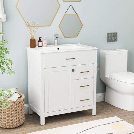 GOPLUS Meuble Salle de Bain sous Lavabo avec Bassin en Céramique, Meuble Salle de Bain avec 2 Tiroirs Coulissants, Porte Rabattable, Poignées Dorées Exquises, 76X46,5X86,5cm, Blanc (1/5)