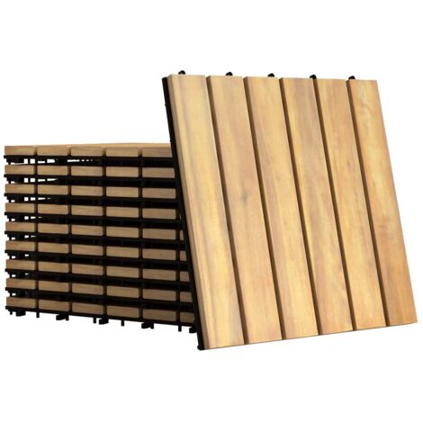 GOPLUS Lot de 10 Dalles, 30 x 30CM Dalles en Bois d’Acacia Huilé Résistant à la Corrosion avec Base en PVC, Plancher d'Exterieur Emboitable pour Terrasse, Jardin, Piscine, Balcon(Barreau) (1/5)