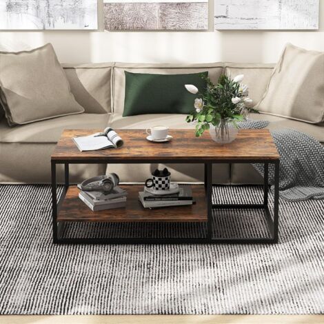 GOPLUS Table Basse Ovale En Bois De Caoutchouc Avec Étagère