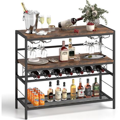 GOPLUS Étagère à Vin pour 7 Bouteilles, Meuble de Bar à Vin, 4 Supports de Verre, Large Plateau, Etagères Centrales et Inférieures, pour Cuisine, Salle à Manger, 104x40x87cm, Marron Rustique (1/5)