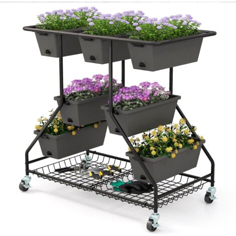 GOPLUS Jardinière Surélevée Verticale à 3 Niveaux, Lit de Jardin Surélevé avec 7 Bacs à Fleurs, Trous de Drainage, 4 roulettes Universelles, Etagère en Maille, Parfait pour Légumes, Herbes, Fleurs (1/5)