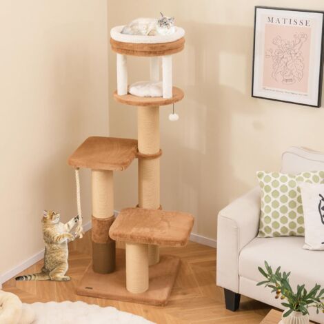 Goplus – Arbre à chat XXL 164 cm – 2 niveaux avec perchoir et lit lavable – Griffoirs en sisal et auto-toiletteur – Plateformes en fausse fourrure