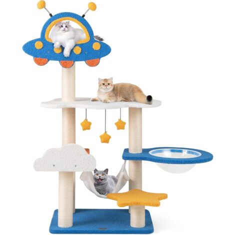 GOPLUS Arbre à Chat Design Univers Cosmique, Plateforme en Forme de Soucoupe Volante et Nid en Forme de Fusée, Griffoir avec 2 Balles à Ressort, Arbre pour Chats avec Colonnes en Sisal (124cm) (1/5)