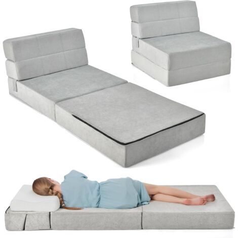 Goplus – Canapé-lit convertible 1 place 3 en 1 – Housse amovible en tissu floqué – Mousse haute densité – Dimensions 71x190x15cm – Gris - 71x190x15CM-3 (1/5)