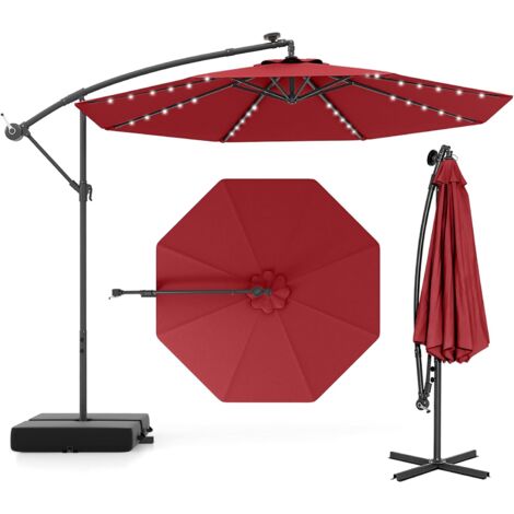 GOPLUS Parasol de Jardin avec 32 Lampes Solaires, Parasol Déporté Inclinable Ø300CM avec Pied de Support, pour Jardin/Plage, Bordeaux
