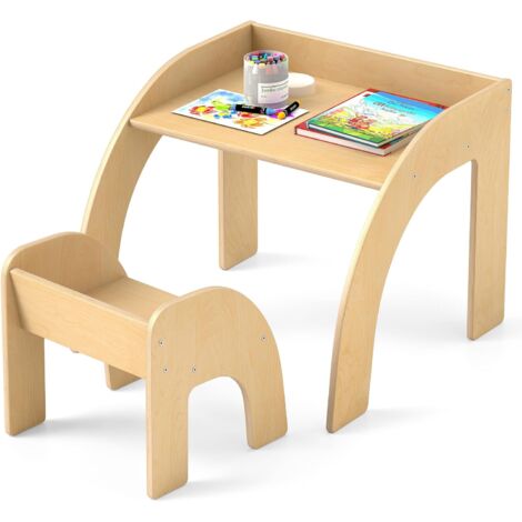 GOPLUS Table Enfant avec Chaise, Bureau Enfant en Bois avec Chaise Ergonomique, Plateau Large, Petit Table d'Activités pour Manger, Dessiner, Lire, Meuble de Chambre d'enfant (Naturel)