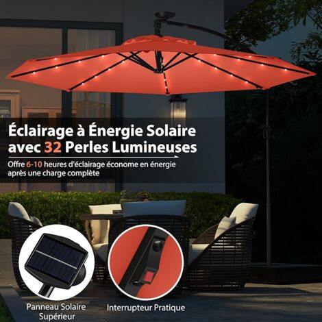 Goplus – Parasol déporté Ø3M inclinable – Rotatif 360° avec 32 LED – Pied en croix pour stabilité – Tissu polyester résistant – Couleur orange