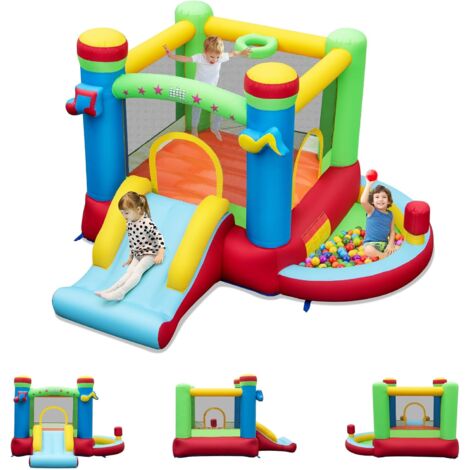 GOPLUS Château Gonflable Exterieur Enfant avec Toboggan, Panier de Basket, Jeux de Lancer d'Anneaux,Thème Musique, pour 2 Enfants de 3-12 Ans,Charge 90KG,294x290x190CM