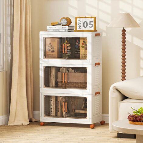 GOPLUS Boîtes de Rangement en Plastique, Boîtes de Rangement Empliables 156L avec Couvercles, Roues Universelles, Portes Avant, Poignées Pratiques, pour Maison, Bureau (62.5(L),3 Niveaux) (1/5)