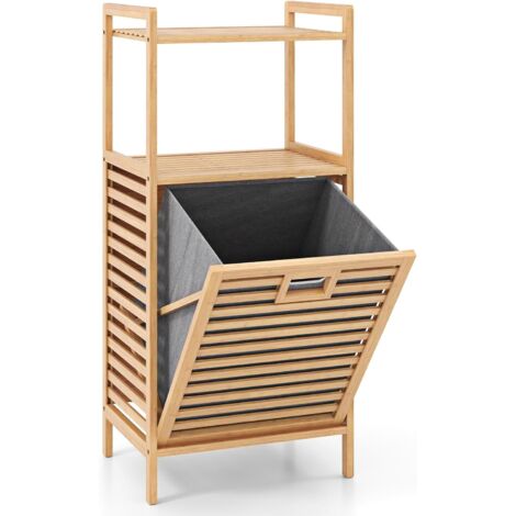 GOPLUS Panier à Linge Inclinable en Bambou, Panier à Linge Sale avec 2 Étagères, 2 Poignées Pratiques, Charge 10kg pour Salle de Bain, Buanderie, 43,5x33x96CM, Style Naturel (1/5)