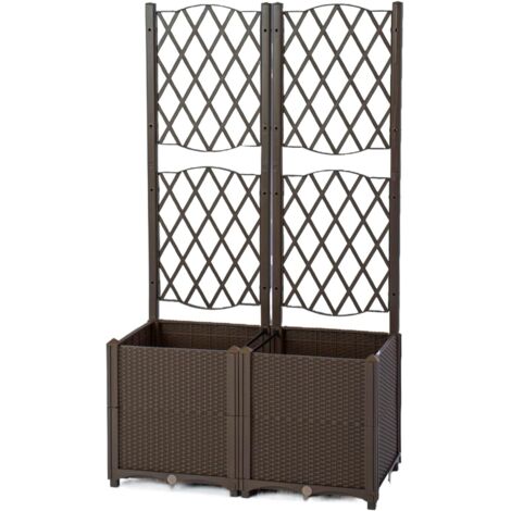 GOPLUS Jardinière Surélevée avec Treillis en Rotin PP, Bac à Fleurs avec Système d'Irrigation et Trous de Drainage, pour Plantes Grimpantes, Installation DIY (Marron,80x40x140cm) (1/5)