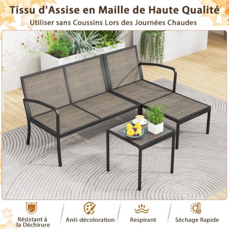 Salon De Jardin GOPLUS 4 Personnes – Canapé + Table Basse Verre Trempé, 2 Fauteuils – Noir/Gris