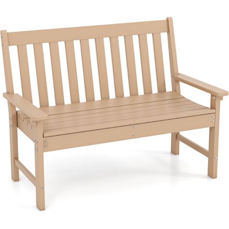 GOPLUS Banc de Jardin 2 Personnes, Banc d'Extérieur en HDPE avec Dossier et Accoudoirs, Résistant aux Intempéries, Charge 320 kg, pour Patio, Terrasse, Balcon, Parc, 132x65x91 cm (Marron) (1/5)