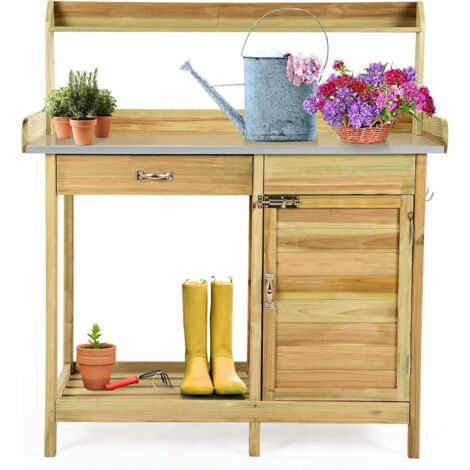GOPLUS Table de Rampotage en Bois de Sapin, Armoire de Rangement avec Tiroir, Étagère Ouverte, 3 Crochet, Plateau Métallique, Idéal pour Extérieur Jardin, Terrasse, Outils, 112 x 46 x 125 cm, Naturel (1/5)