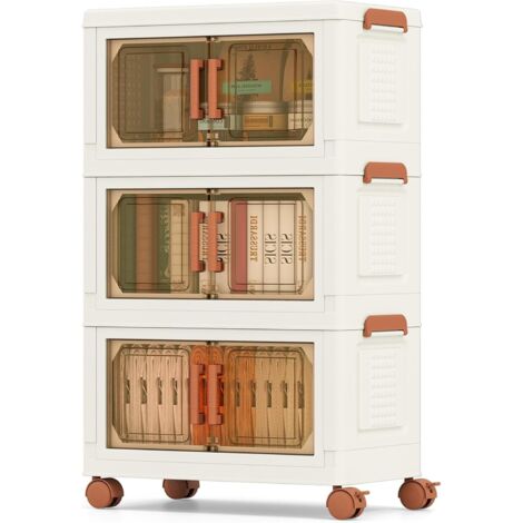GOPLUS Boîtes de Rangement en Plastique, Boîtes de Rangement Empliables 57L avec Couvercles, Roues Universelles, Portes Avant, Poignées Pratiques, pour Maison, Bureau (43.5(L),3 Niveaux) (1/5)