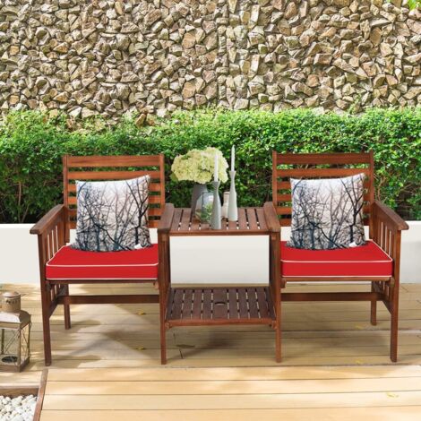GOPLUS 3 Pièces Salon de Jardin 2 Personnes en Bois d'Acacia avec 2 Fauteuils et 1 Table, Chaises Banc de Patio 2 Places avec Trou Parasol pour Terrasse, Patio, Salon, Balcon (Rouge) (1/5)