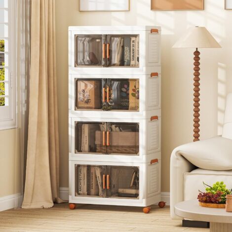 GOPLUS Boîtes de Rangement en Plastique, Boîtes de Rangement Empliables 208L avec Couvercles, Roues Universelles, Portes Avant, Poignées Pratiques, pour Maison, Bureau (62.5(L),4 Niveaux) (1/5)