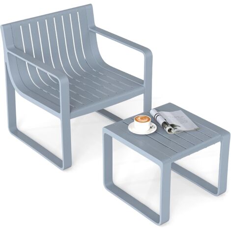 GOPLUS Salon de Jardin 2 Pièces pour 1 Personne, Table Basse Carrée et Chaise à Lattes 1 Place en PP, pour Terrasse, Jardin, Cour Arrière 60 x 64 x 70 cm, 46 x 37 CM,Charge 160+60KG (1/5)