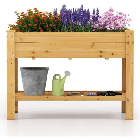 GOPLUS Carré Potager sur Pieds en Bois, Jardinière Surélevée & Étagère de Rangement, Trous de Drainage, Bac de Fleurs pour Herbes, Légumes, pour Jardin, Terrasse, Balcon, 120x60x81cm (Naturel)