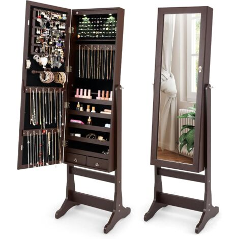 GOPLUS Armoire à Bijoux, Organisateur de Bijoux Debout avec Miroir Pleine Longueur, 4 Angles Inclinables Réglables, Lumières LED Intégrées, Crochets, 5 Étagères et 2 Tiroirs (Brun) (1/5)