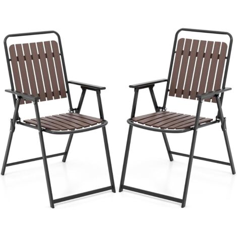 GOPLUS Chaises de Jardin 2 PCS avec Cadre en Métal, 65 x 54 x 91,5 CM, Dossier et Assise en Lattes de PP, Chaises Pliantes avec Pieds Antidérapants et Accoudoirs, Adaptées pour Salon, Jardin, Marron (1/5)