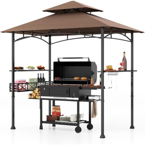 Goplus – Tonnelle pour barbecue 242x153x250 cm – Abri extérieur avec toit souple à 2 niveaux – 10 crochets et étagères de rangement – Structure robuste en métal (1/5)