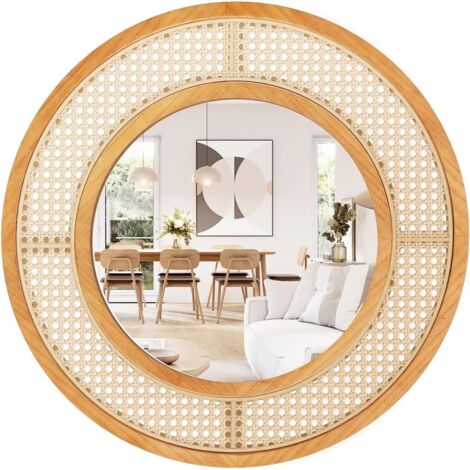 GOPLUS 65cm Miroir Mural Rond en Rotin, Cadre en Bois, Verre en Aluminium, Miroir Bohème Décoratif Rustique pour Salon, Chambre, Entrée, Salle de Bain, Naturel (1, Rond) (1/5)
