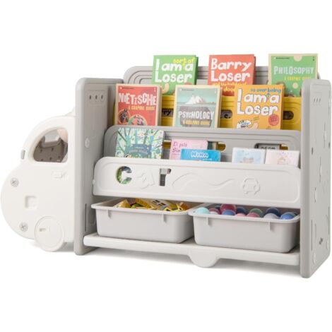 GOPLUS Meuble Rangement Enfant en Forme de Voiture, Bibliothèque pour Enfant en HDPE, avec 2 Boîtes Amovibles et Étagère, Étagère de Livres Jouets pour Chambre d'enfant, Salon et Crèches