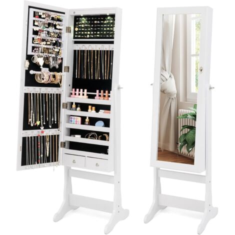 GOPLUS Armoire à Bijoux, Organisateur de Bijoux Debout avec Miroir Pleine Longueur, 4 Angles Inclinables Réglables, Lumières LED Intégrées, Crochets, 5 Étagères et 2 Tiroirs (Blanc) (1/5)