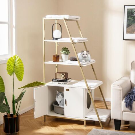 Goplus – Arbre à chat bibliothèque 5 niveaux – Cadre métallique avec 5 coussins lavables – Armoire pour toilette cachée 92,5x49x149cm – Kit anti-basculement (1/4)