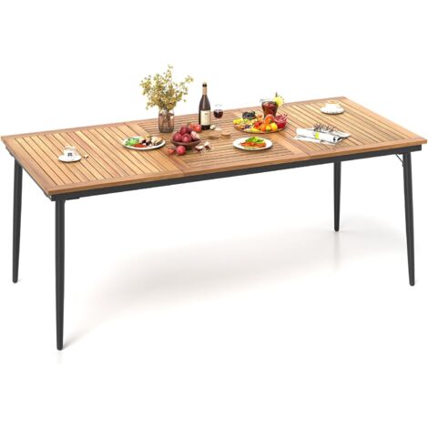 GOPLUS Table de Salle à Manger Jardin 8 Personnes, Table de Jardin Exterieur en Bois d'Acacia avec Trou pour Parasol de 5 CM, Plateau à Lattes, Pieds Métalliques, pour Véranda, Balcon, Charge 75KG