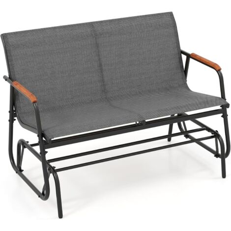 GOPLUS Banc Exterieur Jardin à Bascule, 115 x 74 x 84 CM, Banquette Terrasse avec Assise en Tissu Respirant, Accoudoirs Incurvés en Teck et Structure en Métal, Idéal pour Jardin, Balcon (2 Personnes)